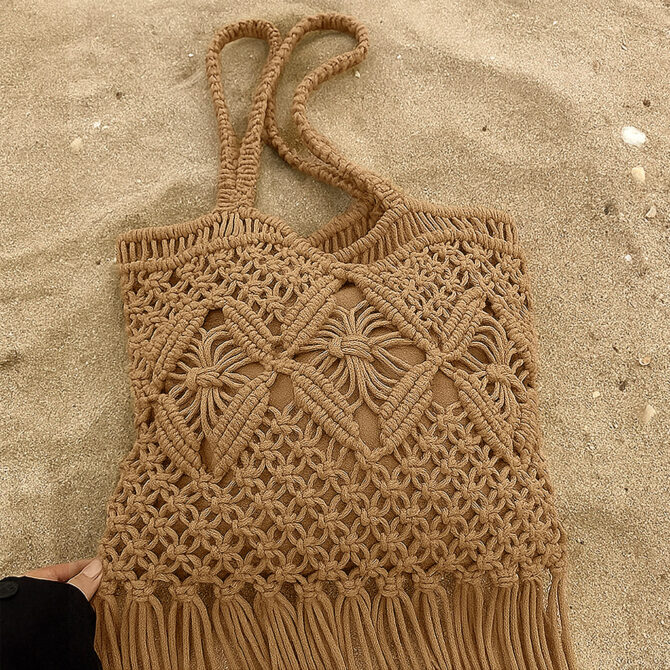 woven ruffle beach tote bag knit hollow braided summer handbag